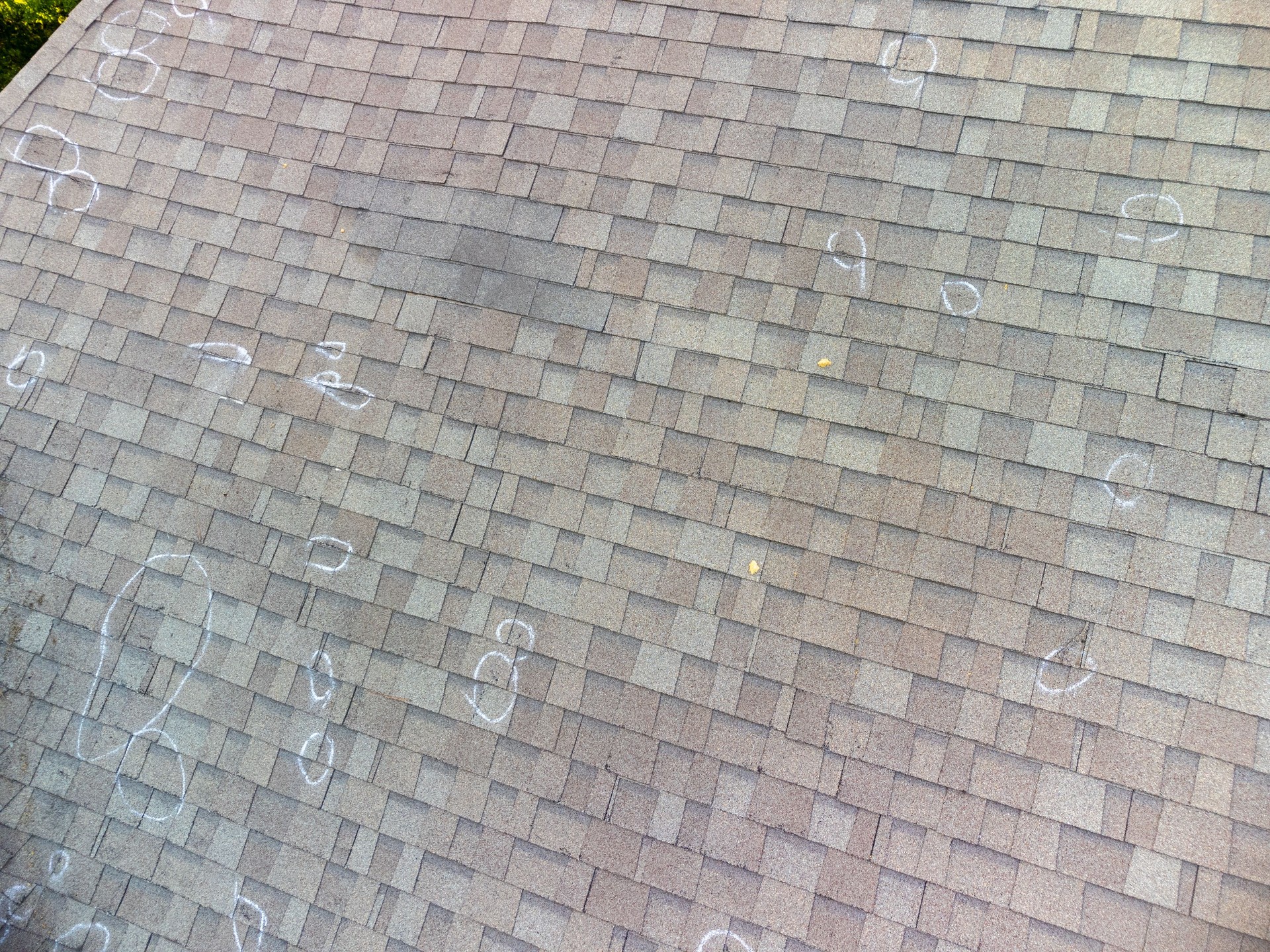 Roof with hail damage and markings from inspection